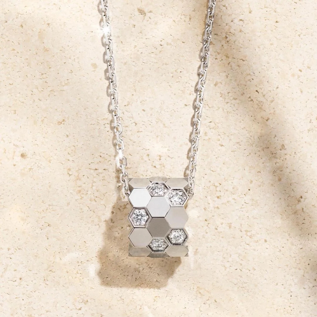S 925 Sterling Silver Diamond Studded 18K Gold Premium CNC Honeycomb Series Charming Women's Necklace. Bee My Love