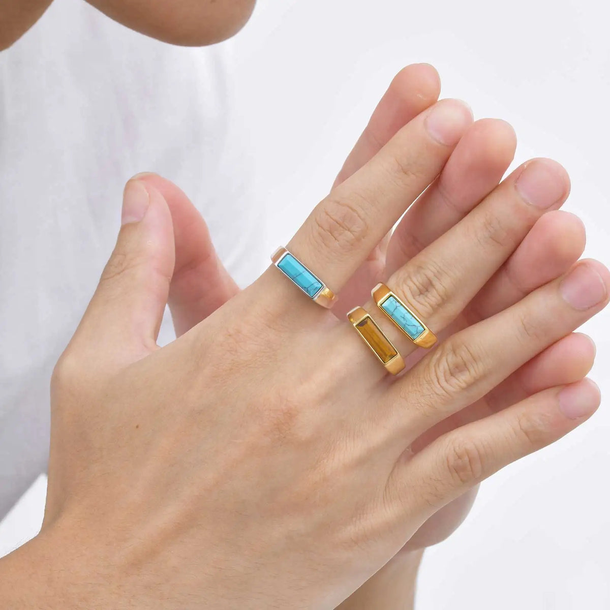 Vnox Stainless Steel Square Turquoise Ring, Natural Stone Inlay Rings For Men Women, 5.5mm Wide 7-12 Size Jewelry On Finger