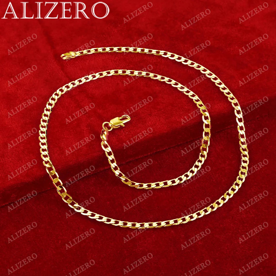ALIZERO 18K Gold Necklace 18-30 Inch 4mm Side Chain Necklace For Women Men Fashion Wedding Party Fine Jewelry Gifts