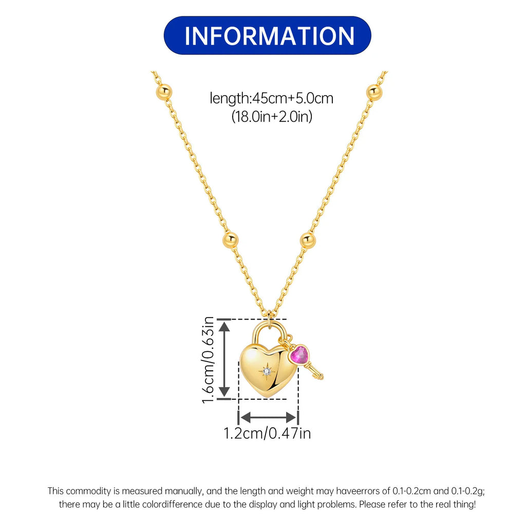 Minimalist Dainty 925 Sterling Silver Heart Lock and Key Y-shaped Chain Necklace 18K Gold Plated Jewelry Gift For Women Birthday