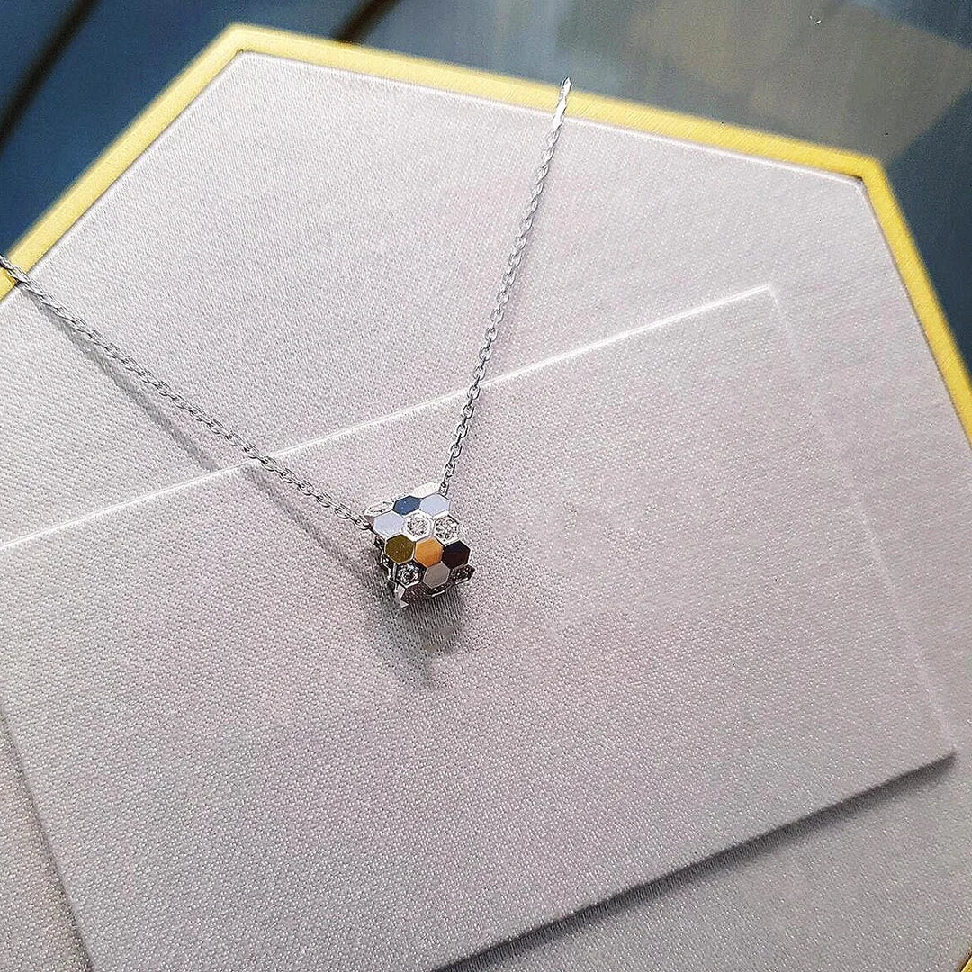 S 925 Sterling Silver Diamond Studded 18K Gold Premium CNC Honeycomb Series Charming Women's Necklace. Bee My Love