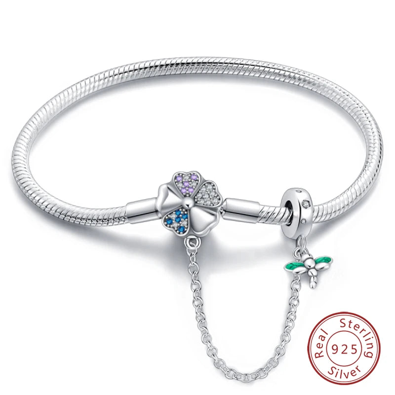 Bracelet Silver 925 Original 17-20CM Star Moon Sun Four Leaf Clover Green Zircon Bracelets Fit DIY Charms Birthday Jewelry Gifts