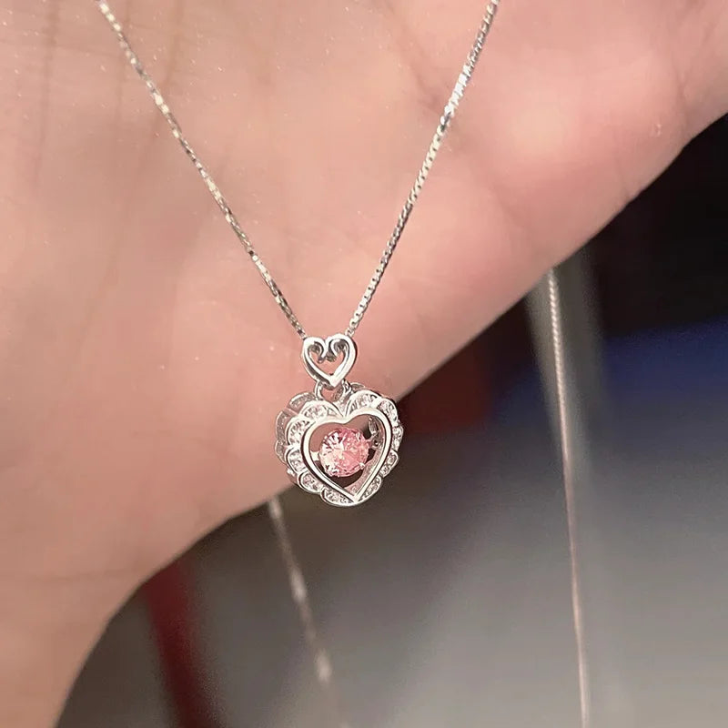 New 925 Sterling Silver Pink Zircon Love Necklace Charm Woman Pendant Geometric Shape Choker Birthday Gift Exquisite Jewelry
