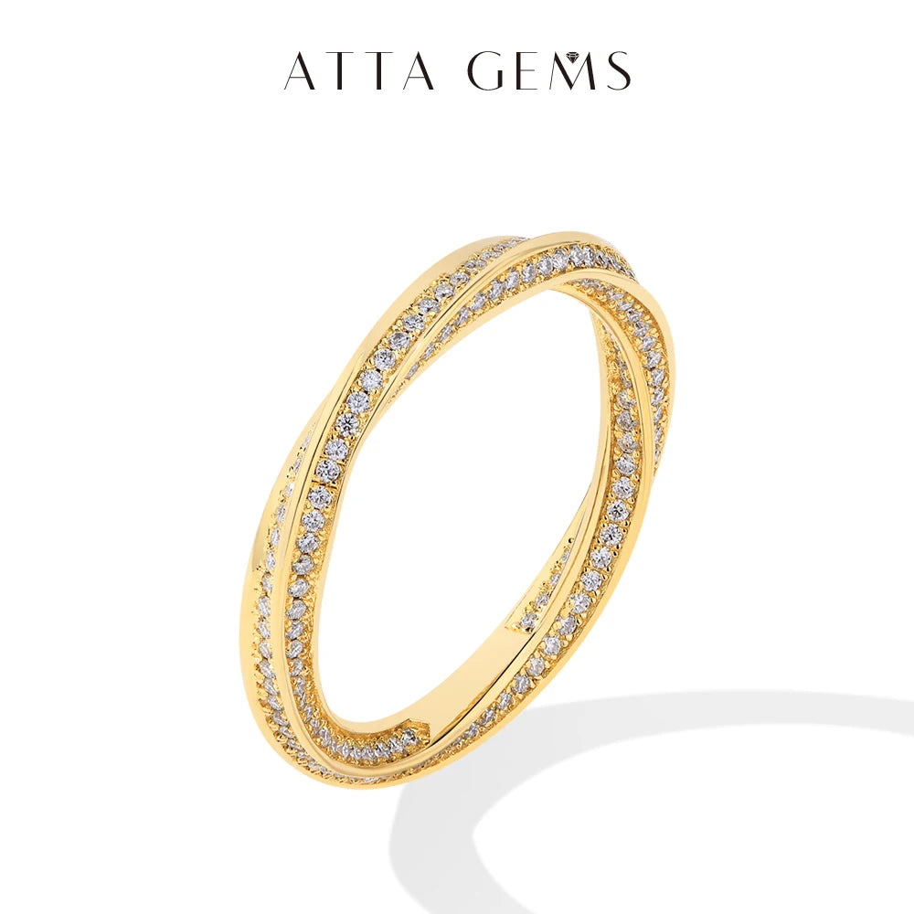 ATTAGEMS S925 Silver 18K Gold Plated Moissanite Rings D Color VVS1 Lab Diamond Helix Eternity Band Wedding Jewelry for Women Man
